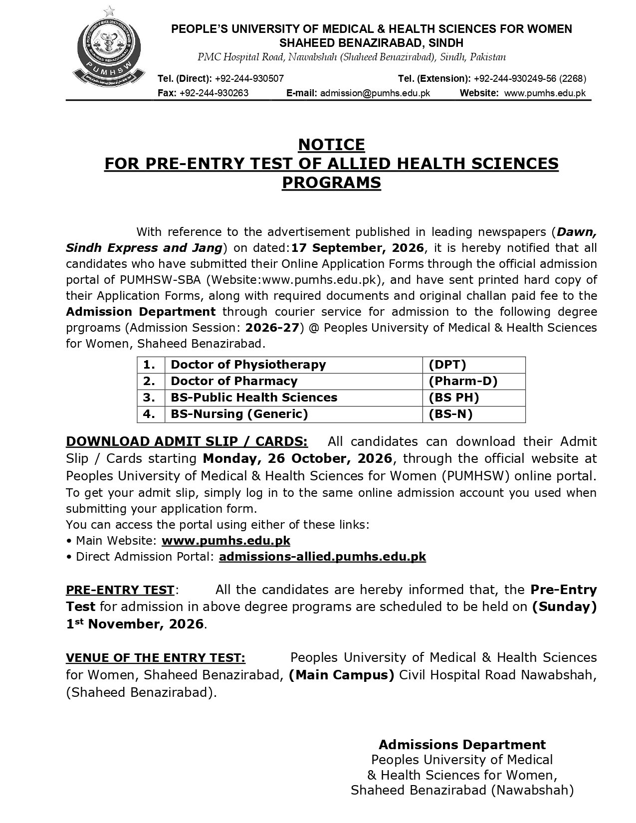 Notice for Pre-Entry Test of Allied Health Sciences Programs, 1st November 2026